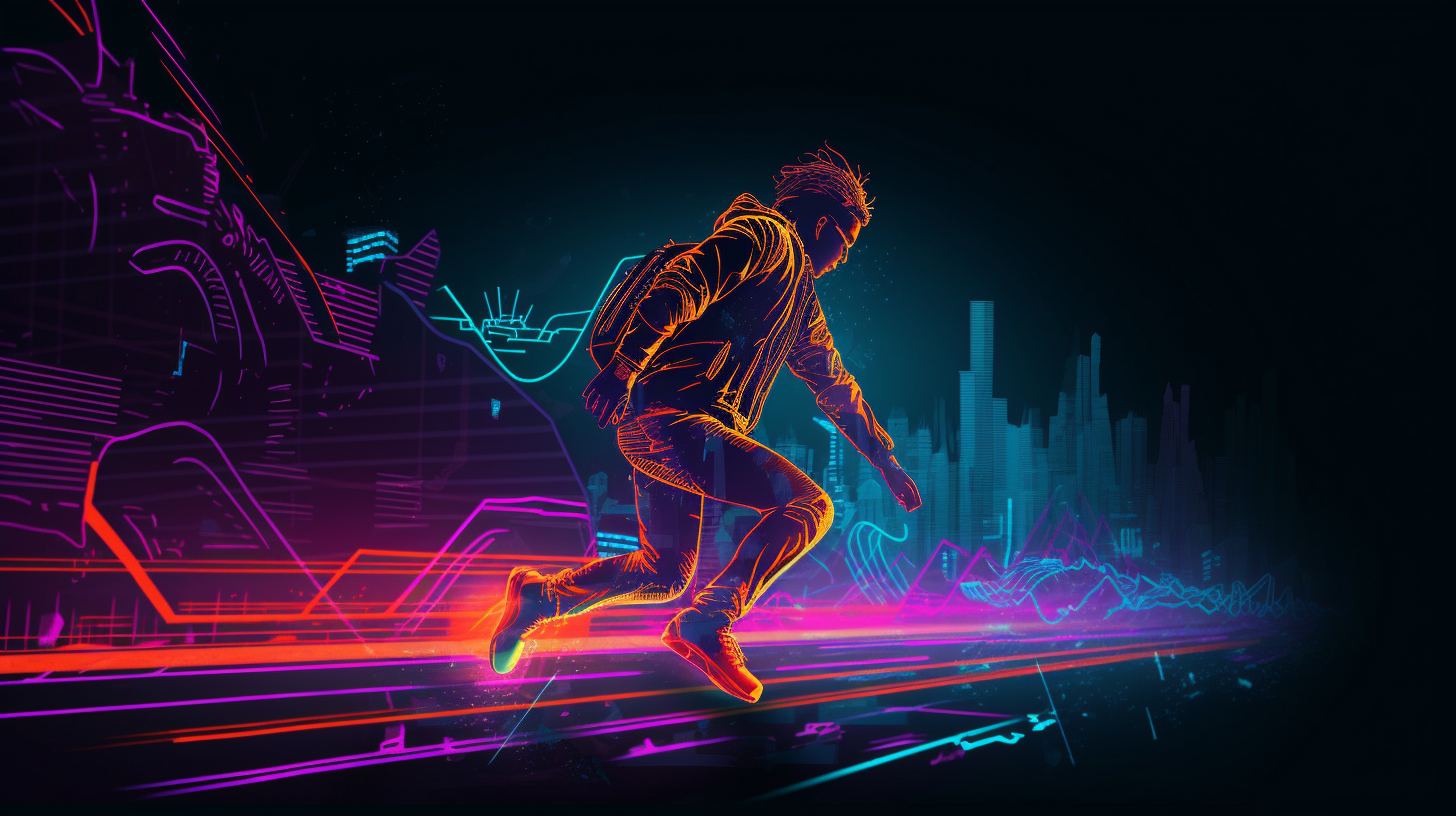 A cyberpunk styled picture of a man jumping