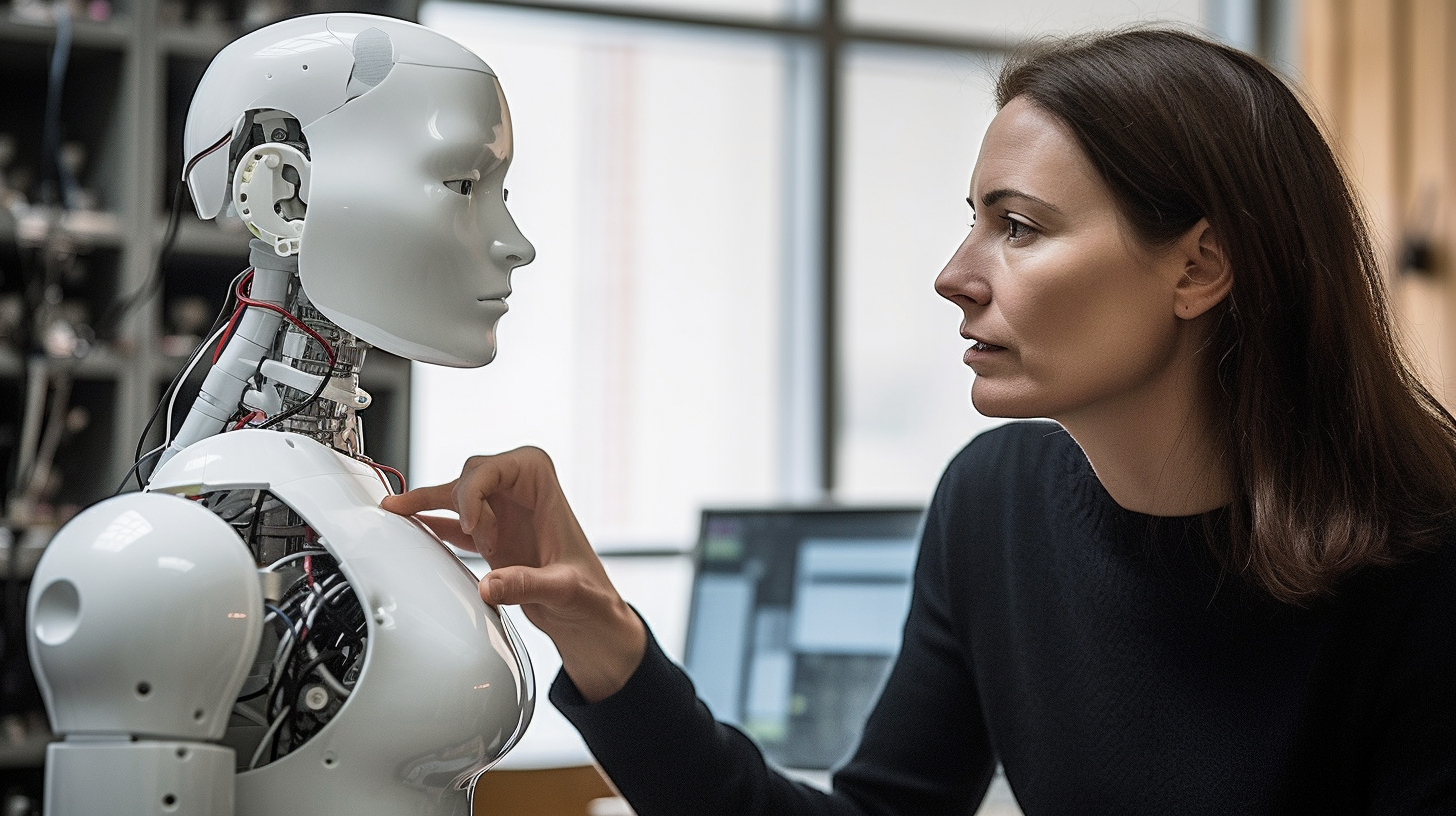 A woman giving a medical checkup to a humanoid robot